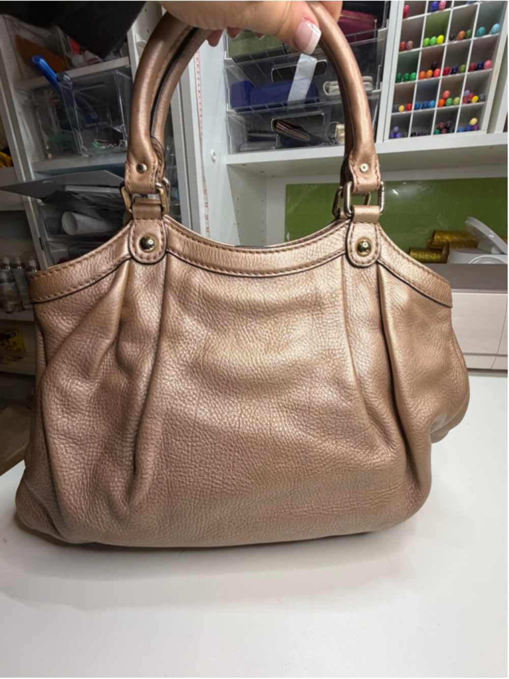 Women's Gucci Leather Satchel Handbag One Size Gold - Picture 3 of 12